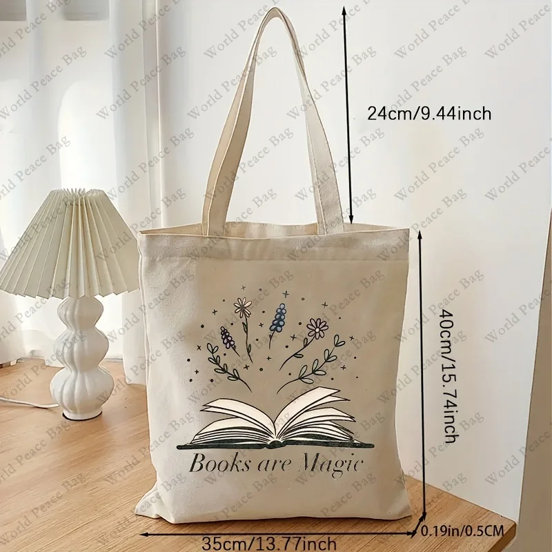 Books Are Magic Pattern Tote Bag, Casual Shoulder Bag, Wildflowers Shopping Bag, Canvas Tote Bag  Shopper ,gift for Her