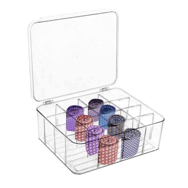 Tie Organizer Box 16-Cell Clear Tie Rack Organizer Rack Drawer Closet Storage Bin With Lid Storage Box For Ties Socks Underwear