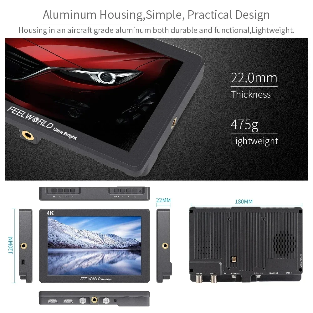 FEELWORLD P7S 4Kモニター 7インチ 3G-SDI オンカメラモニター フィールドDSLRモニター アルミニウム製 フォーカスアシスト 4K Sony、Canon、Nikon対応