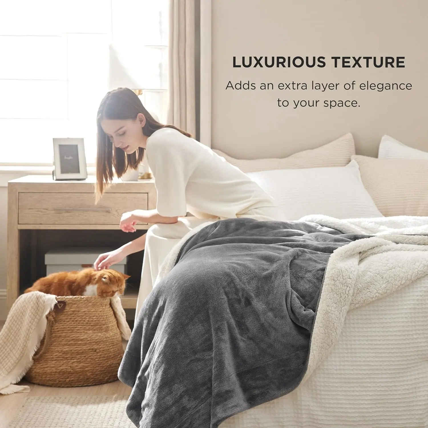 Cobertor de lã Sherpa tamanho Queen, lance de pelúcia quente e grosso para o inverno, cinza 90 x 90 polegadas