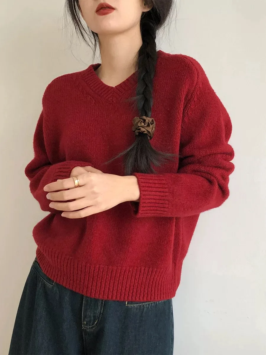 Autumn/Winter New Cashmere Sweater Women's V-Neck Knitted Pullover 100% Pure Wool Thick Tops Casual Loose Fashion Korean