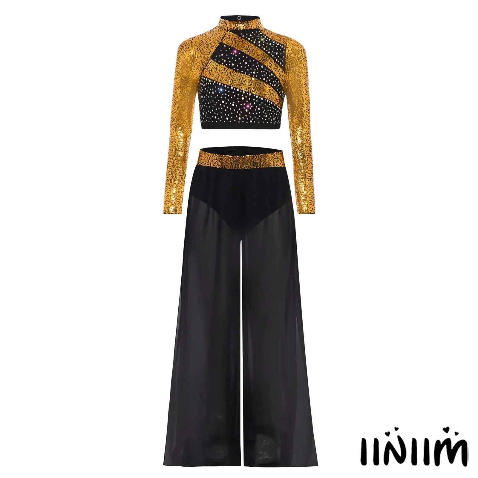 

Kids Girls Jazz Dance Outfit Sparkling Rhinestones Cutout Back Crop Top with Slit Wide-Leg Pants for Dance Competitions Recitals