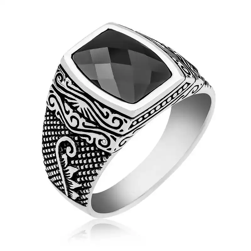 Silver Cut Stone Patterned Men's Ring - 925 Sterling Men's Jewelry Wedding Birthday Gift - Box - Stone - For Men - Fashion - Botiva - Size - Turkish - Patterned Embroidery