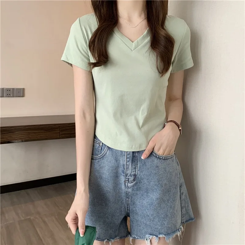 Women Summer Korean V Neck Short Sleeve T Shirt Curved Hem Cropped Slim Fit Versatile Basic Tee S-4XL