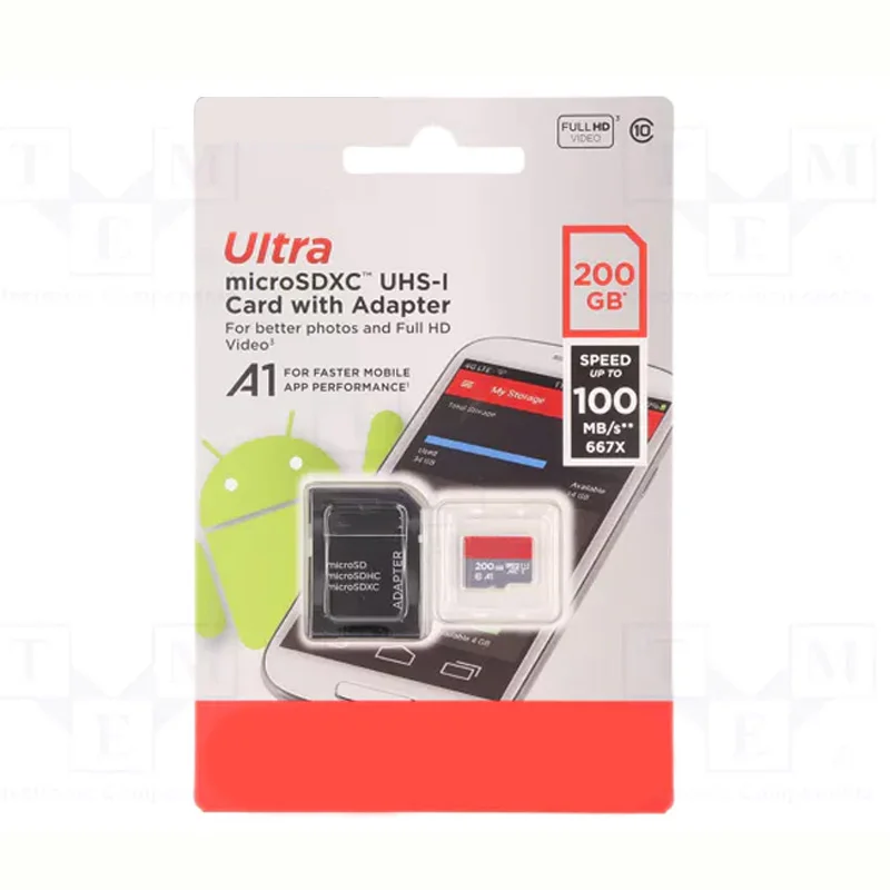 200GB MicroSDXC Memory Card with SD Adapter, UHS-I U1 C10 A1, 100MB/s Read Speed for Full HD Video, Smartphones, Tablets, Cameras, and Dash Cams - High Performance Storage Solution