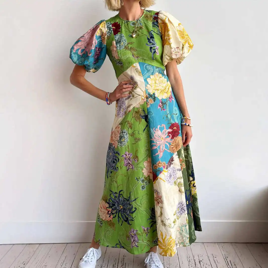Vestido Casual de Linho com Decote Redondo, Estampa E, Saia Midi, Manga Curta, Vestido F para a Temporada de Ou...