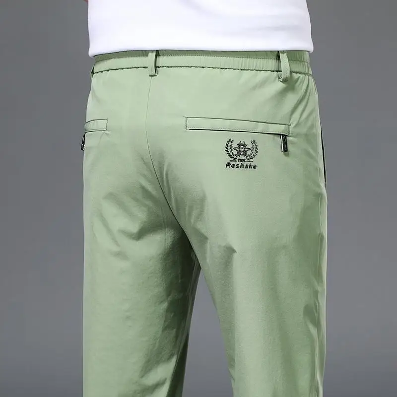 

Мужские летние ультратонкие повседневные брюки из ледяного шелка, свободные, прямого кроя, быстросохнущие, эластичные, в корейском стиле, модные спортивные длинные брюки