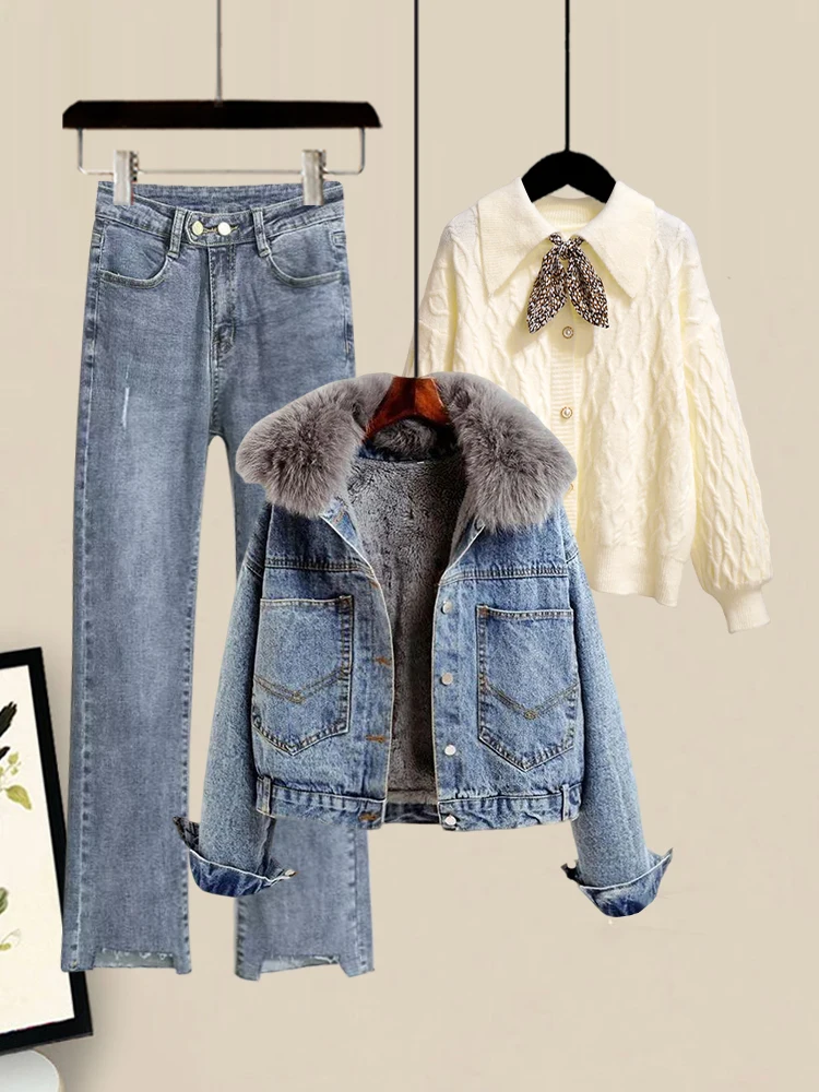 Hiver nouveau Vintage coréen Sle coton Jaet Denim tricoté pull salopette t-shirt pièce ensemble femmes décontracté taille haute longue P...