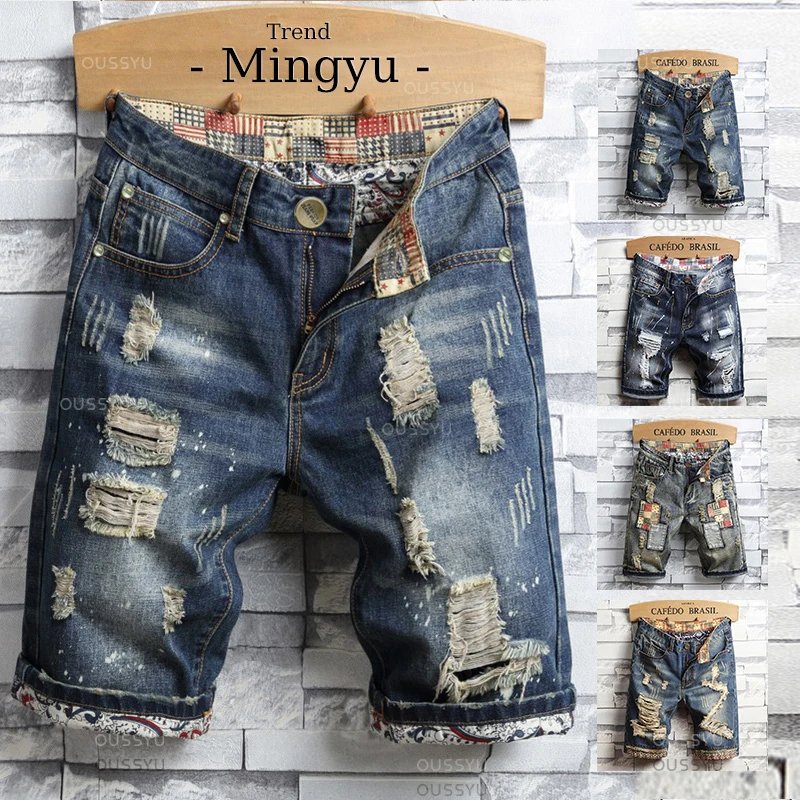 

Brand Clothing New Summer Ripped Hole Denim Shorts Men Cotton Thin Straight Retro Biker Knee Length Short Jeans Male Streetwear