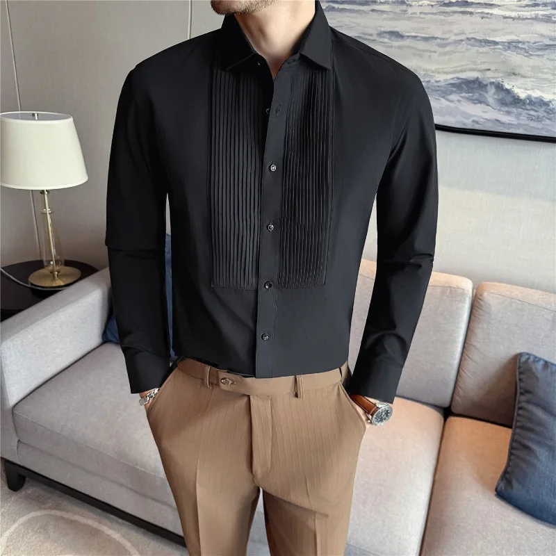 Men Dress Shirt French Wing Collar Solid Color Casual White Black Long Sleeve Shirt Fashion Social Banquet Tuxedo Men Clothing