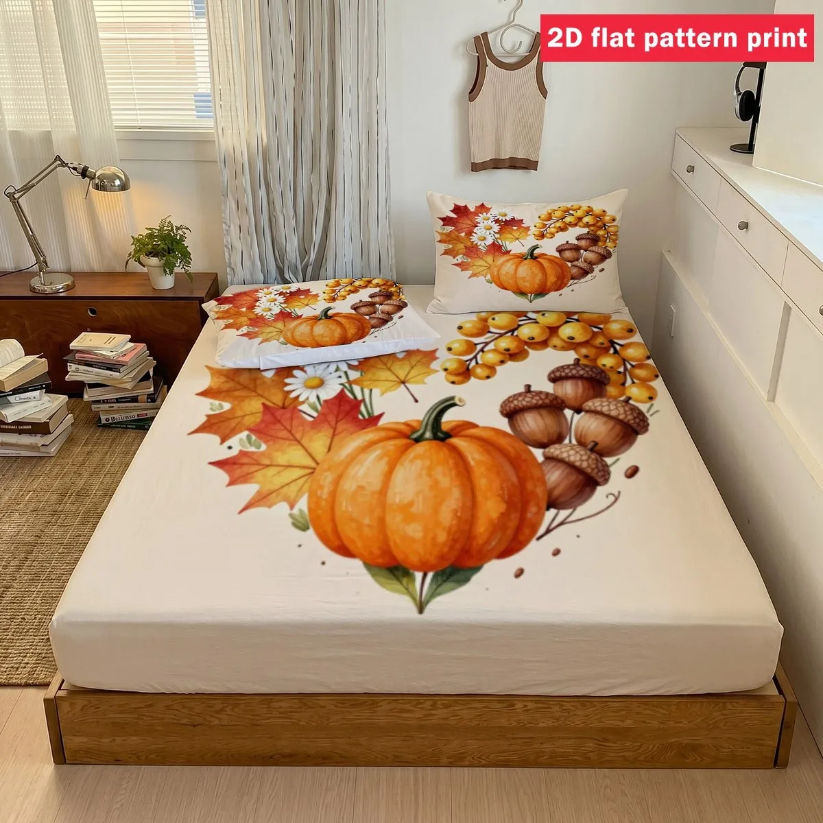 Watercolor Autumn Heart-Shaped Design, Warm Holiday-Themed Autumn Elements Bedding Set, Three-Piece Bedding Set (Includes 1 Fitted Sheet + 2 Pillowcases), Large Deep-Pocket 2D Printed Fitted Sheet and 2 Pillowcases, Mattress Protector, Fitted Sheet Style with Elastic Band, Protective Cover, Mattress Protector, Suitable for All Seasons, Machine Washable Design, Holiday Decoration, Various Sizes, Breathable Protective Cover with Pillowcases