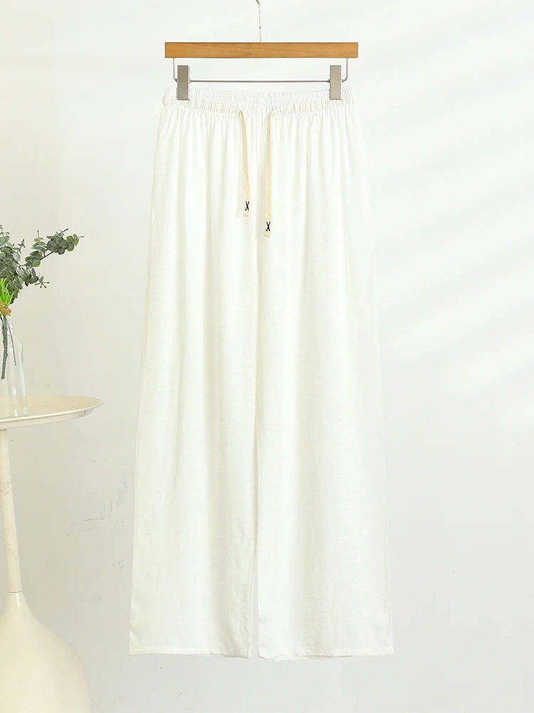 Silk Wide Leg Pants Women Summer Versatile Thin Loose Floor-Length Pants Artificial Cotton plus Size High Waist Casual Pants