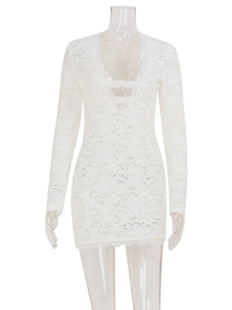 Lace V Neck Hollow Out Fashion Long Sleeve Women Dresses Sheath Sexy Club Hip Wrap Trendy Solid Female Bodycon Hot Girl