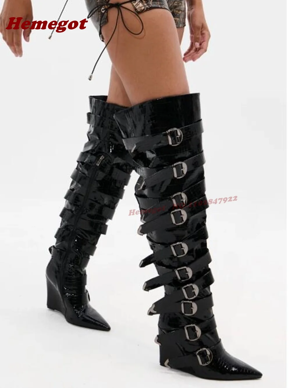 Black Belt-Buckled Wedges Over The Knee Boots Pointy Toe Side Zipper Glossy Women's Long Boots Solid Luxury Shoes Gladiator Sexy