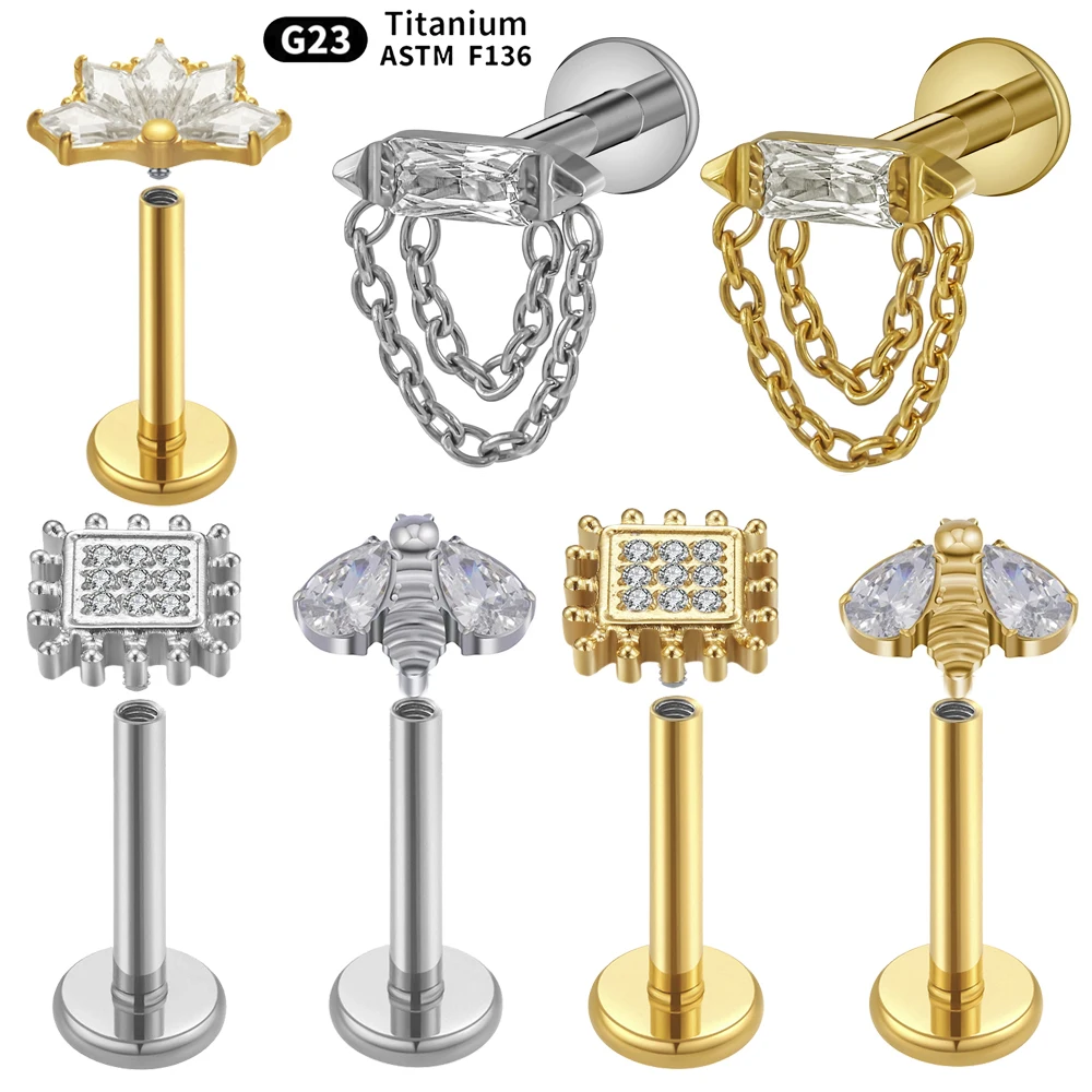 1PC  Dangle G23 Solid Titanium Cartilage Earrings Stud 16G Internally Threaded Bee Zircon Helix Ear Tragus Piercing Jewelry
