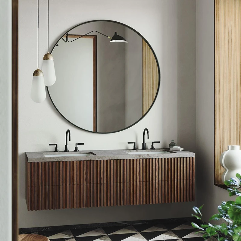 

Japanese-style log color bathroom cabinet bathroom custom hanging washstand, slate washstand, double-sided basin combination