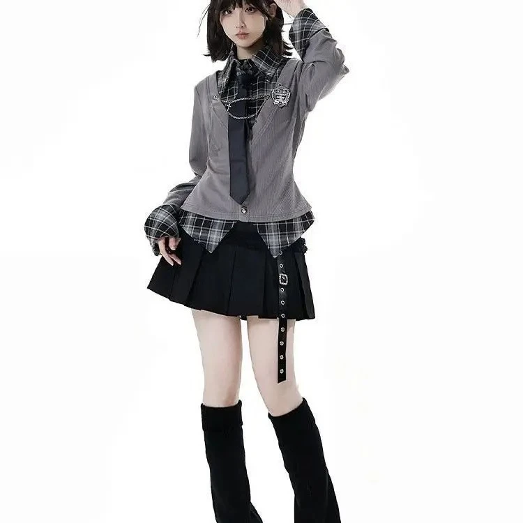 القوطية خمر 2 قطعة تنورة مجموعة حار الفتيات منقوشة المرقعة وهمية اثنين القمم شارع العليا Y2k تنورة صغيرة نمط Preppy مجموعة الموضة #4