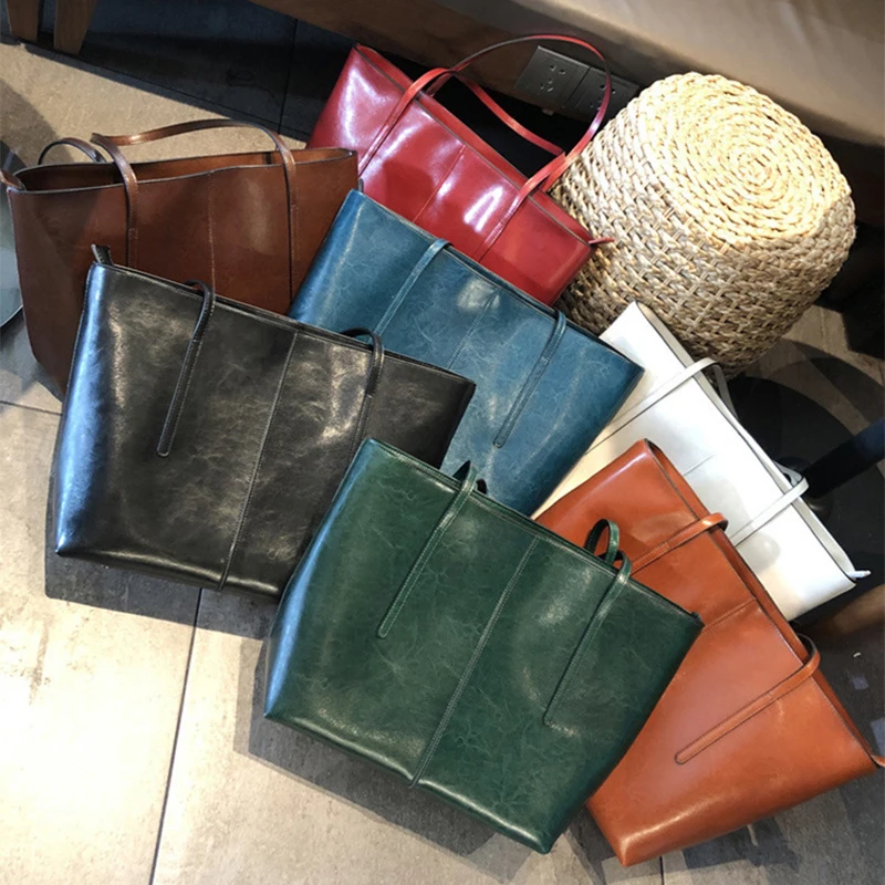 

2025 женская европейская и американская сумка на плечо из натуральной кожи в стиле ретро, большая вместительная сумка, модная кожаная сумка