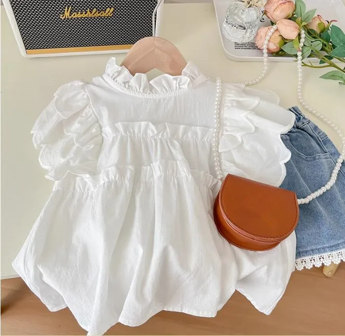 2023 Summer New Girls\' Set Children\'s Fashion Flying Sleeve Lace Doll Shirt+Lace Denim Shorts 2pcs clothing Set