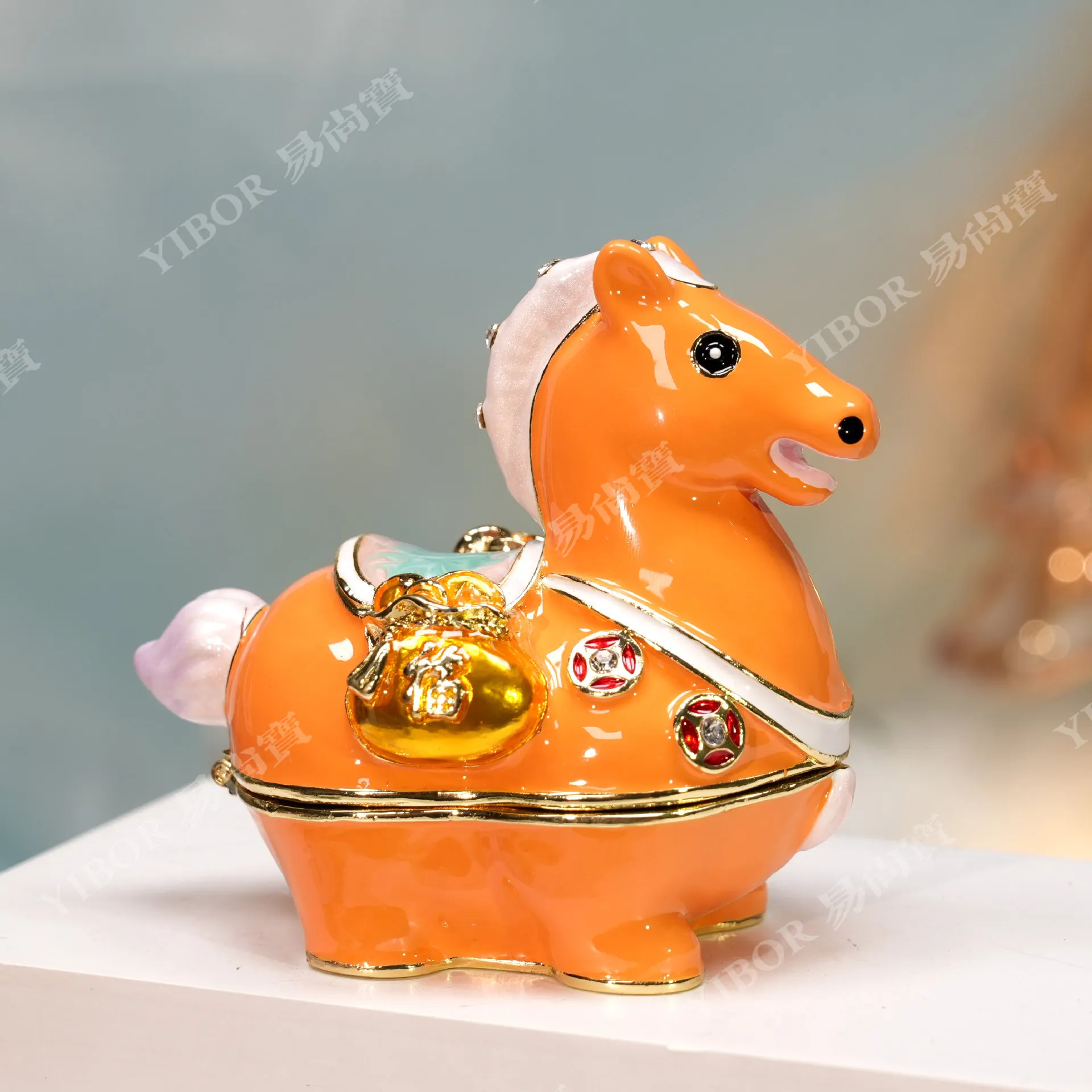 Enamel Zodiac Horse Jewelry Box, Lucky Pouch Shape Figurine, Creative Metal Craft Home Decor, Year of the Horse Souvenir Gift