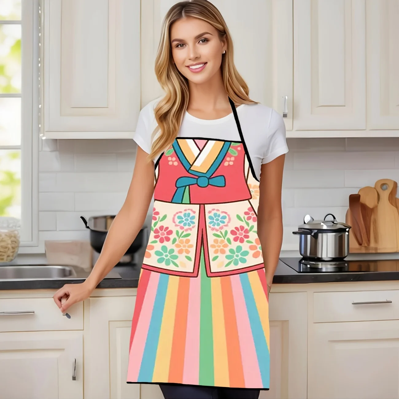 Traditional Hanbok Inspired Printed Apron Vintage Wedding Art Kitchen Cooking Apron for Men and Women