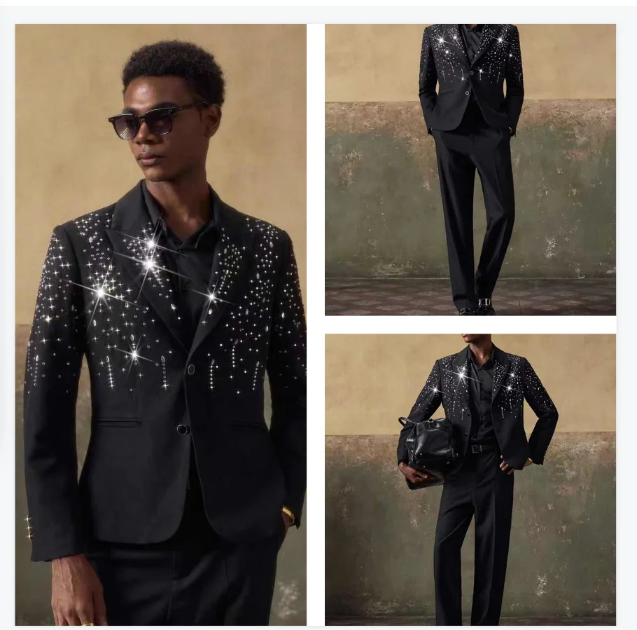 بلورات الرجال الفاخرة البدلة مجموعة 2 قطعة الزفاف سهرة سترة السترة بانت القطن الأسود مكتب رسمي الأعمال معطف الحفلات حسب الطلب