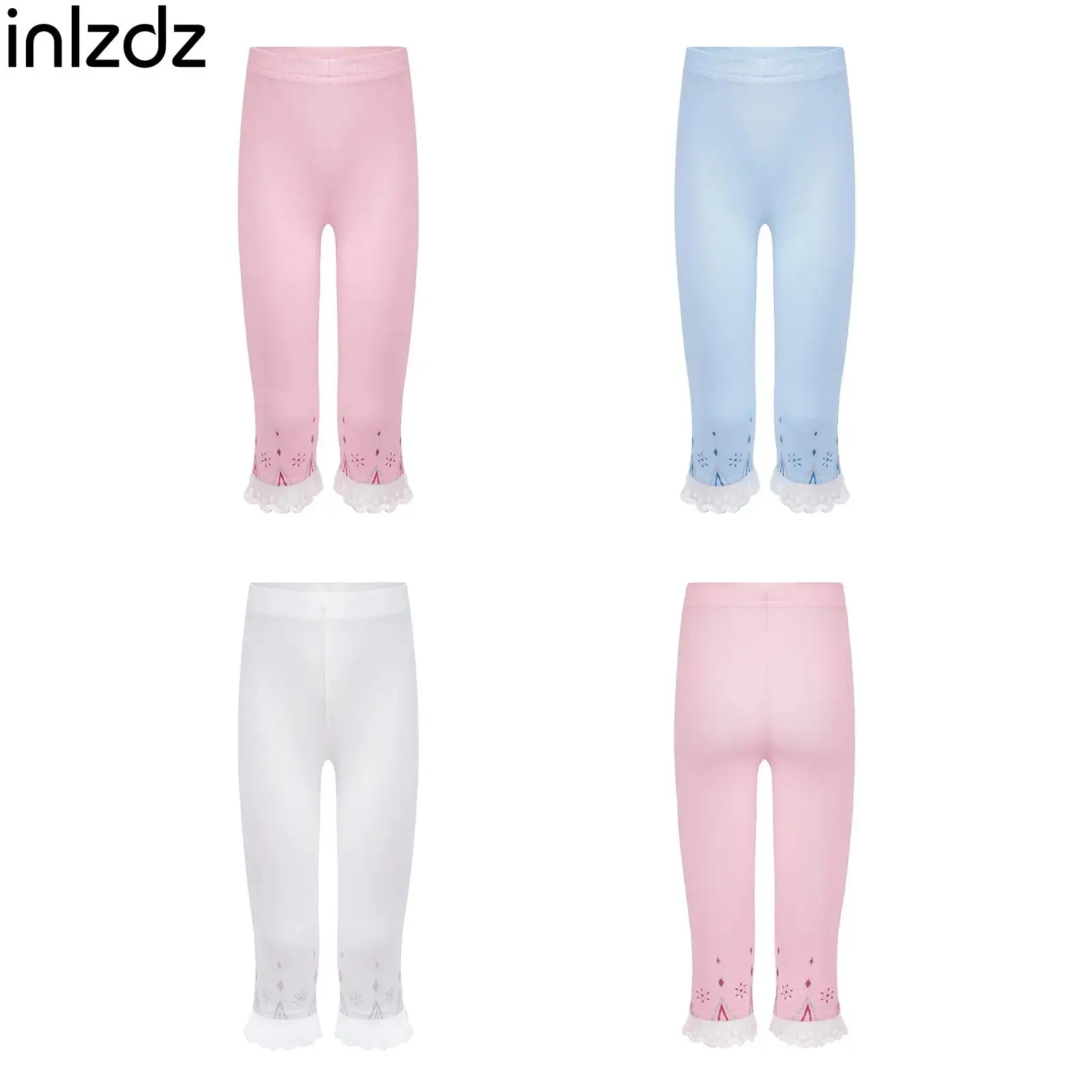 

Kids Girls Ballet Gymnastics Performance Pants Dance Trousers Cute Lace Trim Printed Cropped Leggings for Wedding Birthday Party