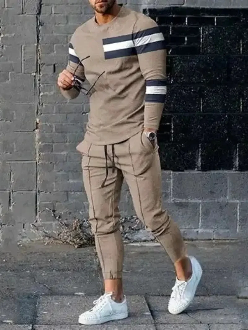 

Men's two-piece splicing grid 3D printed long sleeved drawstring pants, casual and fashionable street wear, sports jogging pants