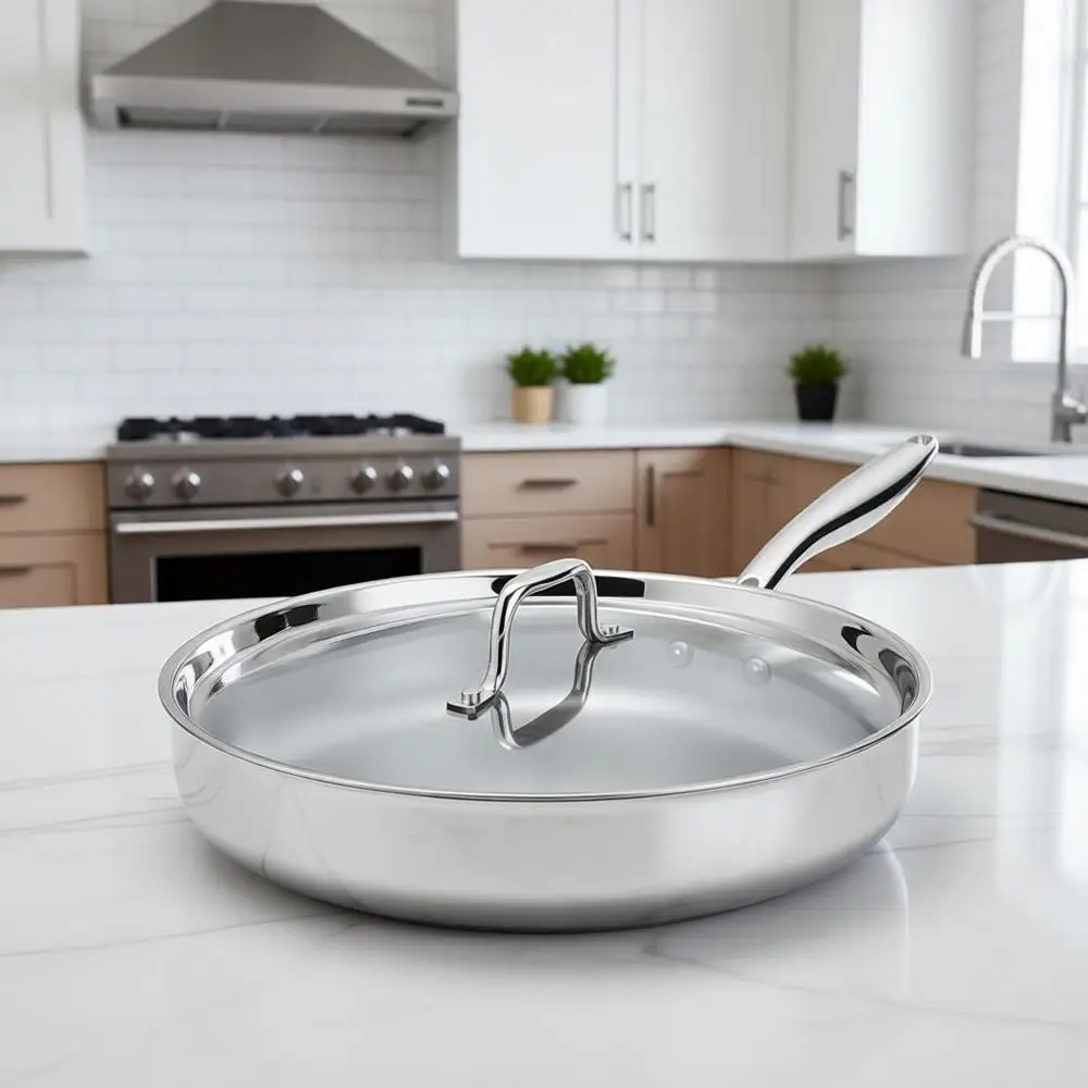 

12-дюймовая трехслойная сковорода из нержавеющей стали с крышкой, подходит для индукционных плит, безопасна для духовки до 600 градусов. ° Профессиональная посуда F для кухни