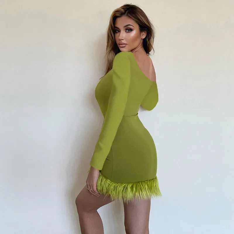 2024 Autumn/Winter Sexy Party Dress Tank Top Women's Fashion Fur Hem Long sleeved Diagonal Neck Tight Midi Dress  CSM42YY