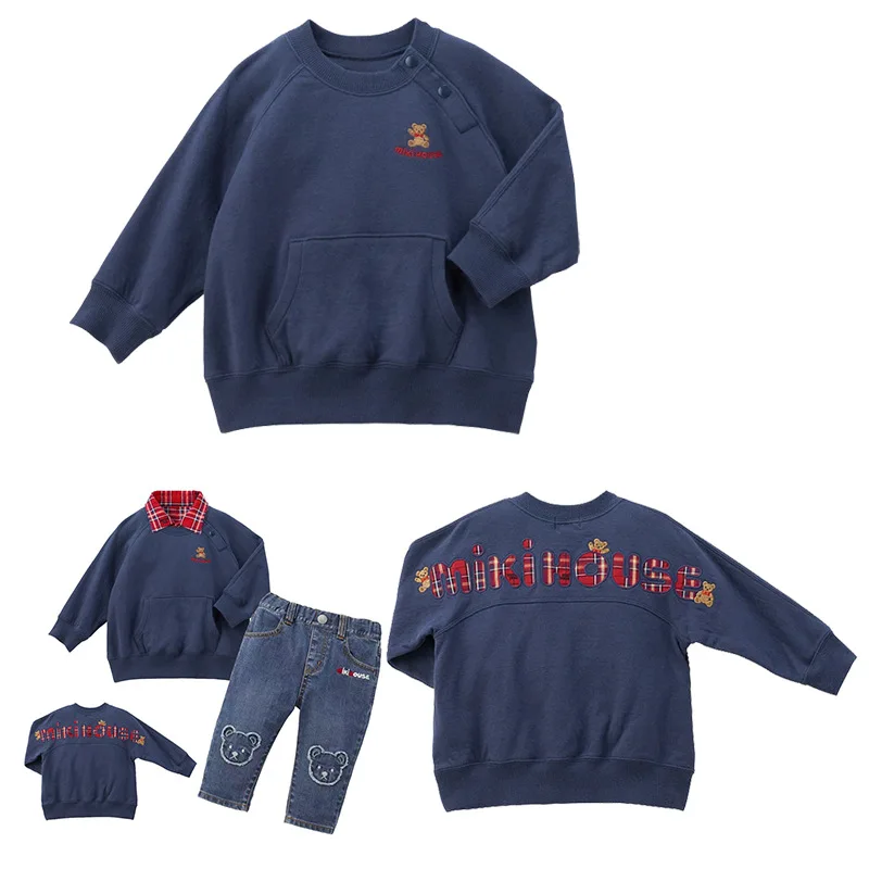 Boy's Clothes Miki Tops Autumn and Winter New Girls Cartoon Teddy Bear Letter Embroidered Sweatshirt Long Sleeved