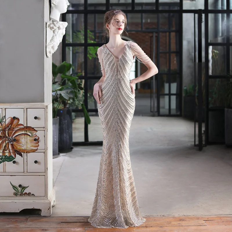 New Sequined Fishtail Formal Dress Performance Internet Celebrity Activity Banquet Car Model Etiquette Evening Dress