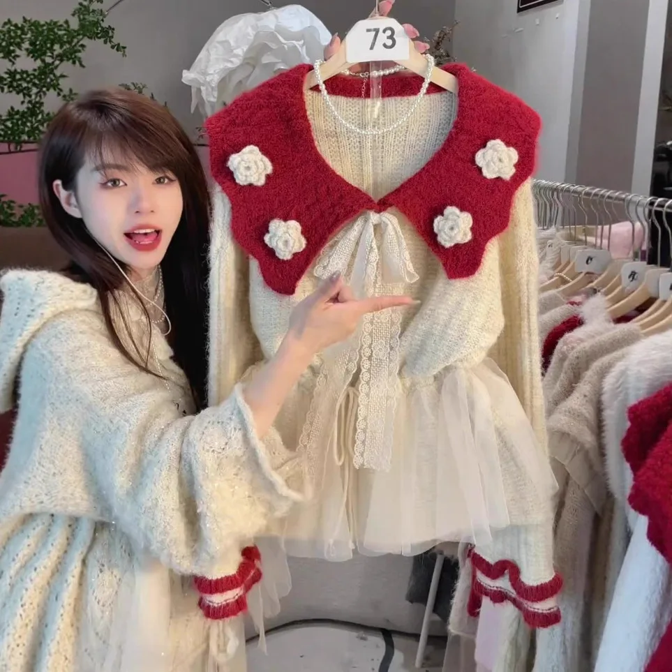 

French Sle Knitted Cardigan Waist Cinched Navy Collar 3D Flower Women's plus Size Sweater Coat Autumn Winter Thiened Casual