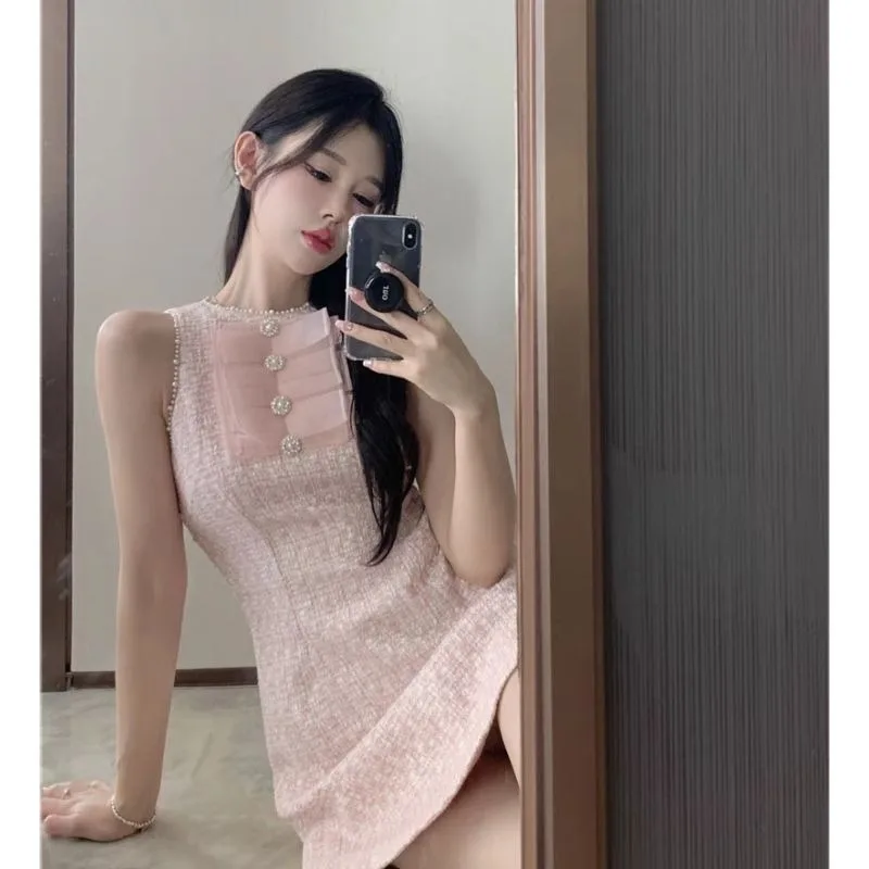 Sweet French Tweed Dress Women Korean Round Neck Beaded Spliced Bow Fragrance Sleeveless Fashion Slim Summer Temperament Skirts