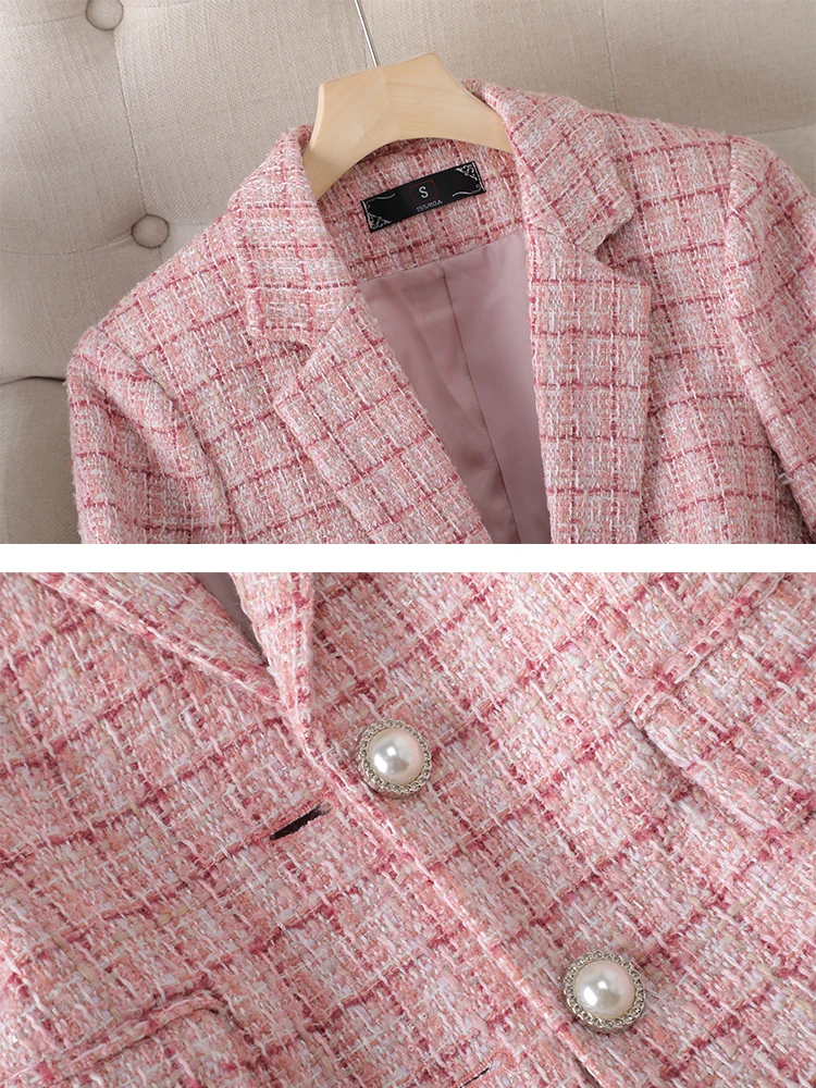 Long Sleeve Autumn Winter Women Blazer Ladies Pink Beige Plaid Female Casual Jacket Coat