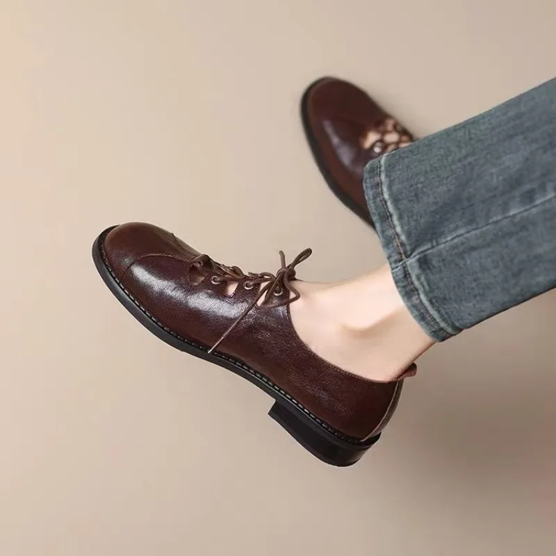 Autumn/Spring Women Loafers Round Toe Low Heel Shoes Genuine Leather Shoes for Women Cross-tied Women Pumps Handmade Shoes