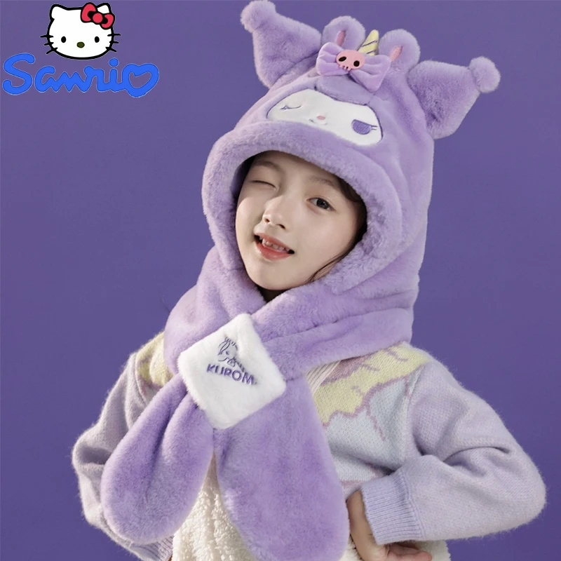 Sanrio-bufanda con capucha de felpa de dibujos animados para niños, gorro de Anime Kuromi, bufanda 2 en uno, protección para los oídos, bufanda gruesa y cálida, regalo