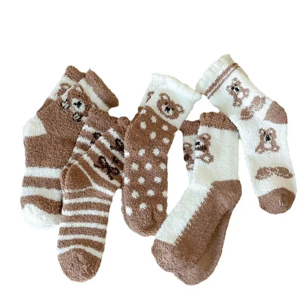 2/3 Pairs Cute Coral Velvet Women\'s Socks Thickened Non Shedding Winter Home Sleeping Socks Bear Insulation Mid Calf Floor Socks