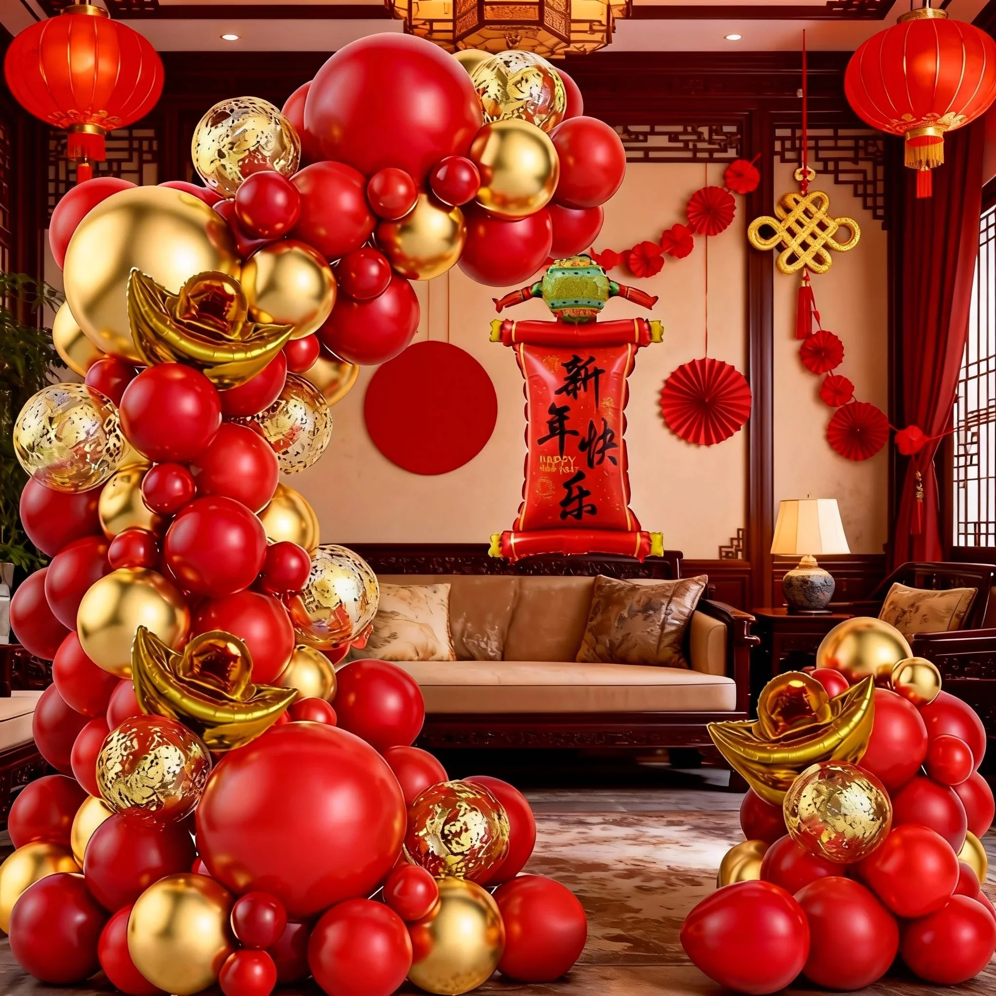 104-teiliges Chinesisches Neujahrs-Ballonbogen-Set, Happy New Year Banner-Ballons, Mini Yuanbao mit Roten und Goldenen Konfetti-Ballons, Geeignet für Chinesische Neujahrsfeiern 2026, Geburtstage,