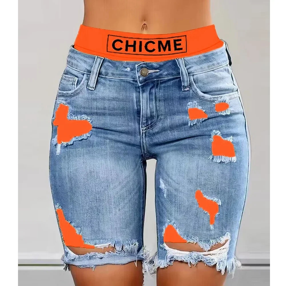 Gefälschte 2-teilige Denim-Shorts für Damen, Sommer, sexy, zerrissene Jeans, Farbblock-Buchstaben-Druck, kurze Jeans, zerrissene, zerrissene