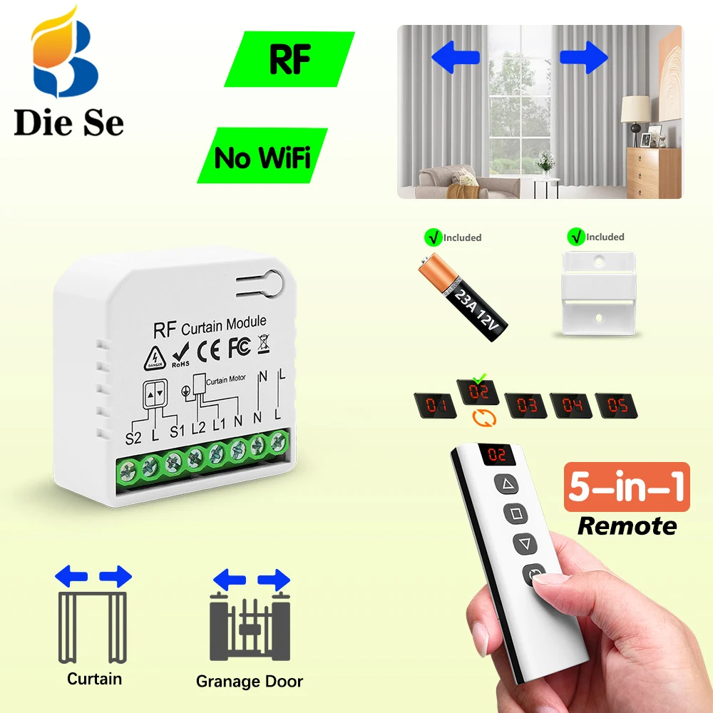 RF Curtain Switch Module 110V 220V 433MHz 5-in-1 Wireless Remote Control for Blind/Roller Shutter/Garage Door