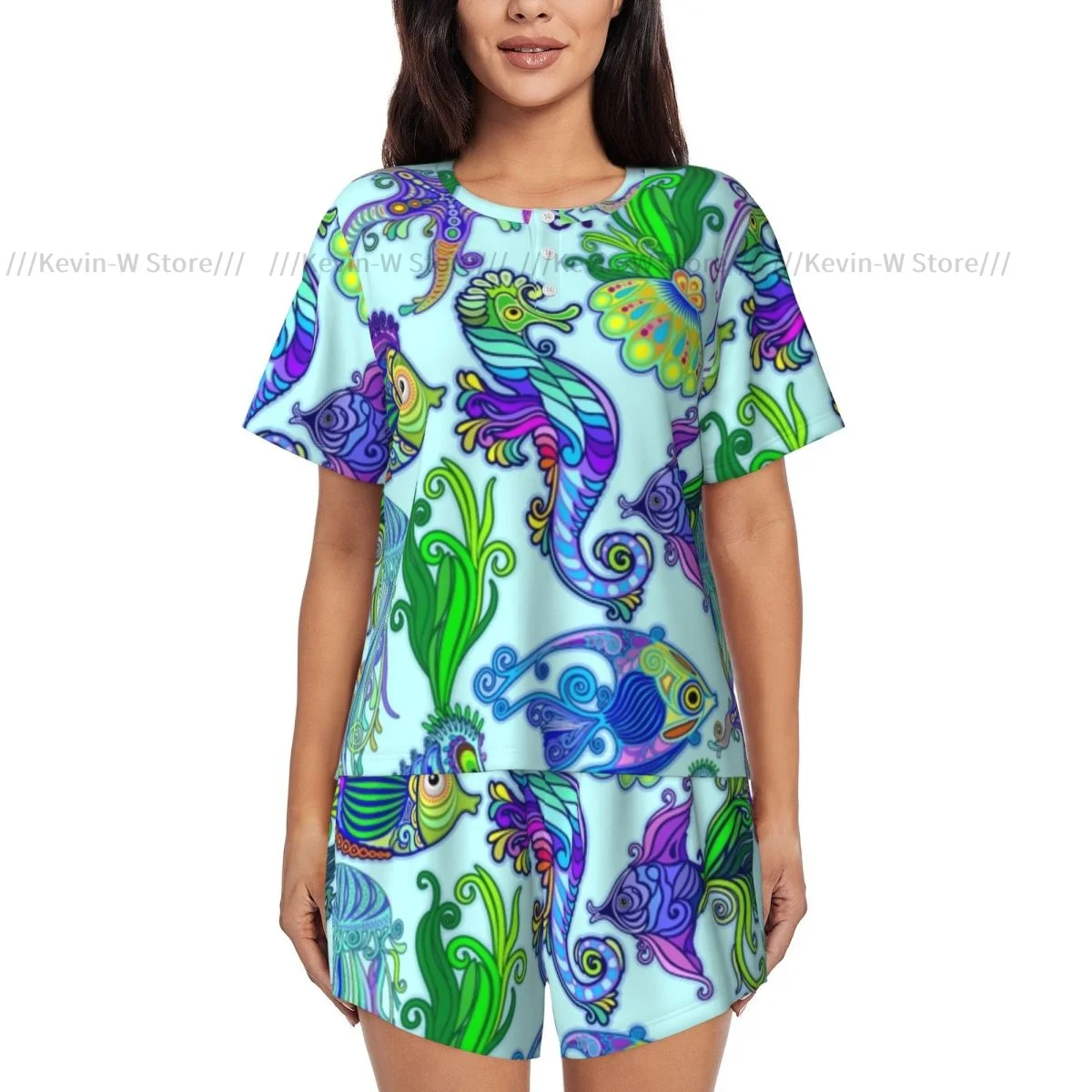 Women Pajamas Homewear Set Marine Life Exotic Fishes Seahorses Short-Sleeved Two-Piece Set Girl Nightwear Loungewear Sleepwear