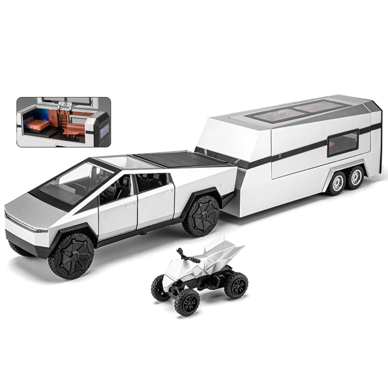 Modello in lega di simulazione camper con rimorchio per camioncino 1: 32, giocattolo per ragazzi, illuminazione, rimbalzo, modello di auto di vendita caldo