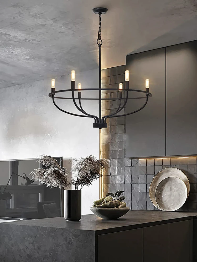 6 Heads American Retro Vintage Pendant Lamp For Living Room Bedroom Kitchen Dining Room Droplight Black Gold Chandelier Light
