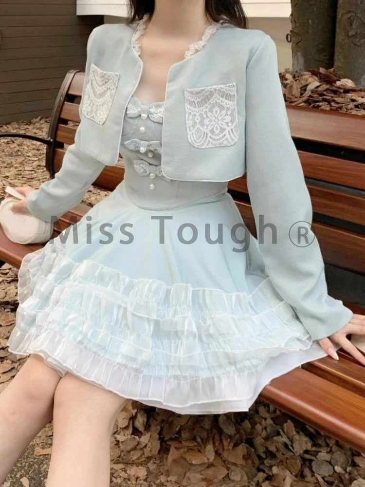 Autumn Sweet Fairy Thin Two Piece Set Women Elegant Solid Short Coat Female Design Chic Slim Bow Patchwork Dress Suit New 2024