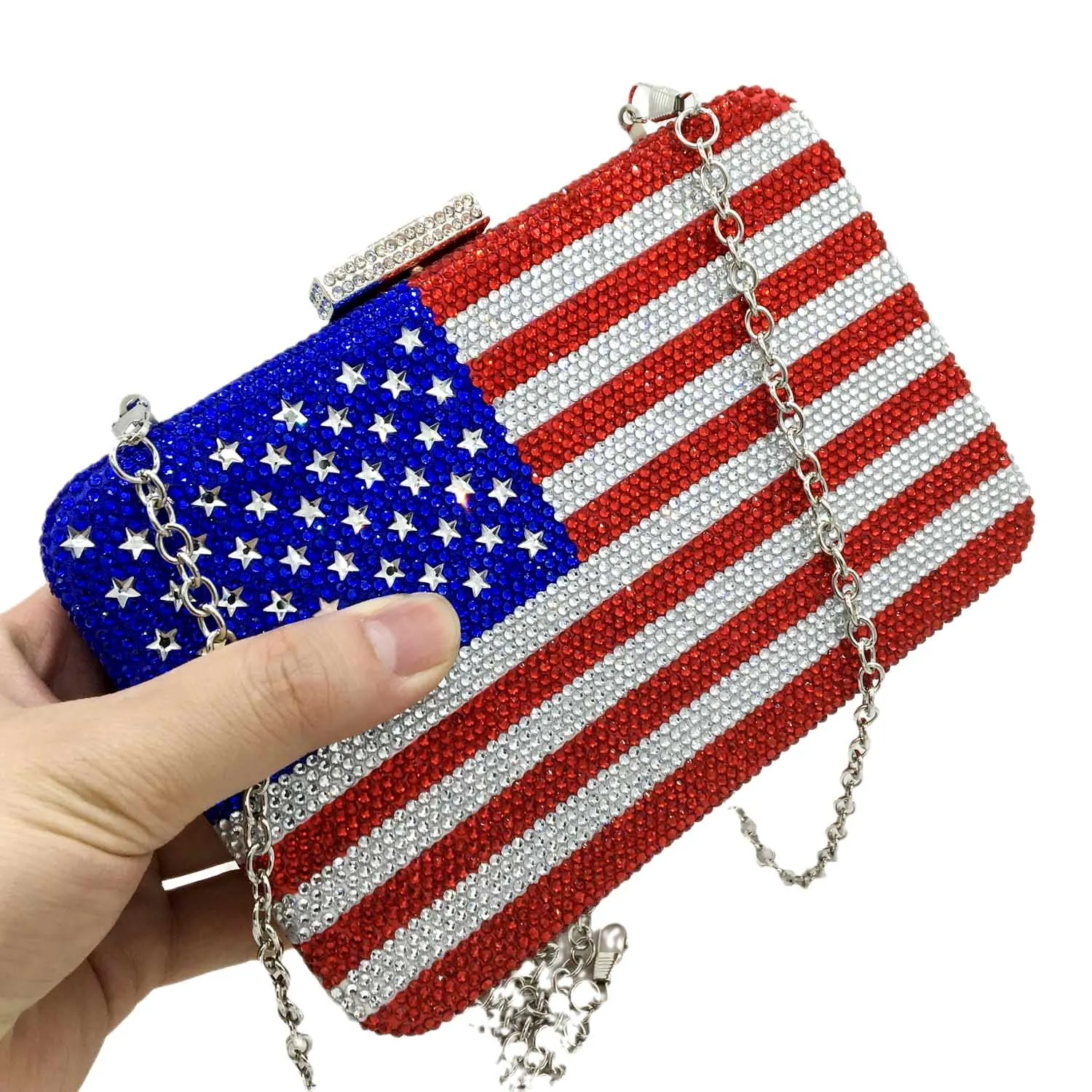 Boutique De FGG American National Flag Women Crystal Clutch Evening Bags Ladies Party Dinner Chain Shoulder Handbags