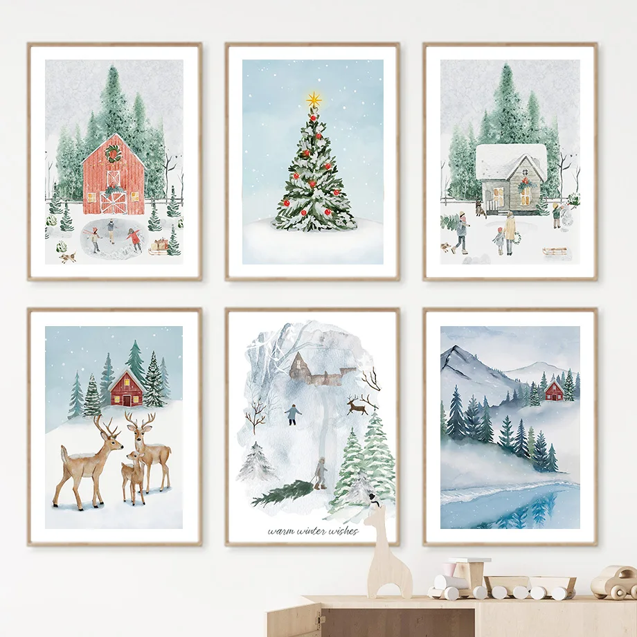 Christmas Tree Deer Snowman Snow Mountain River Winter Wall Art Canvas Painting Posters And Prints Wall Pictures Kids Room Decor