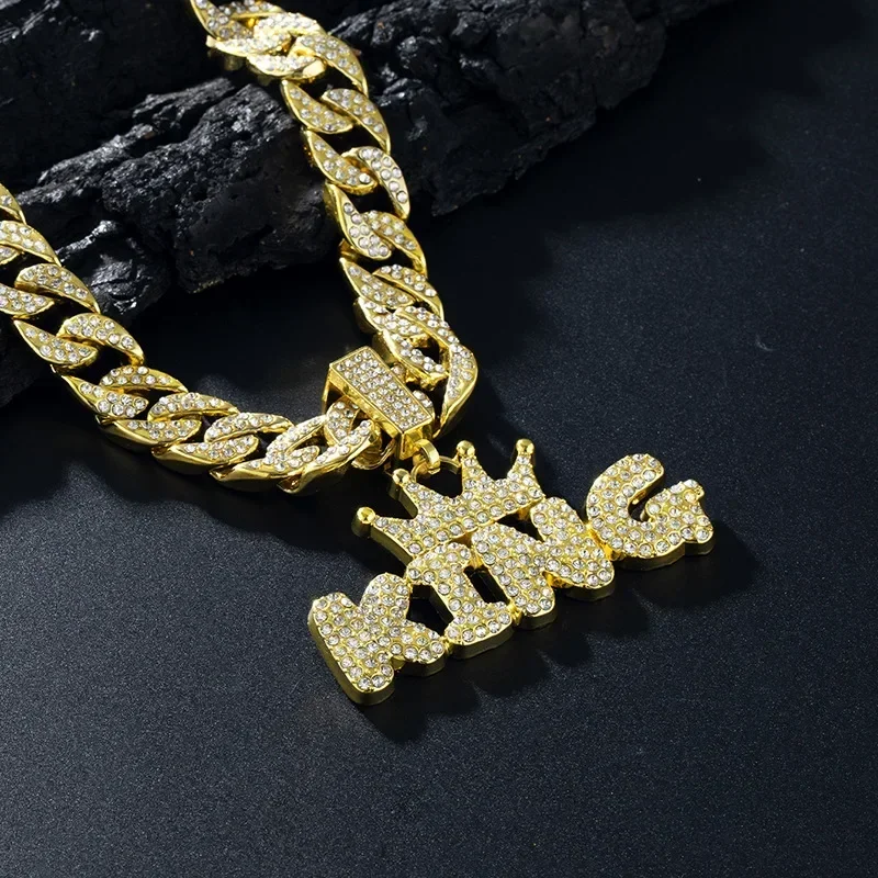 Men Women Hip Hop Bling KING QUEEN Letter Pendant Necklace 13mm Miami Cuban Link Chain Necklaces Iced Out Charm Fashion Jewelry