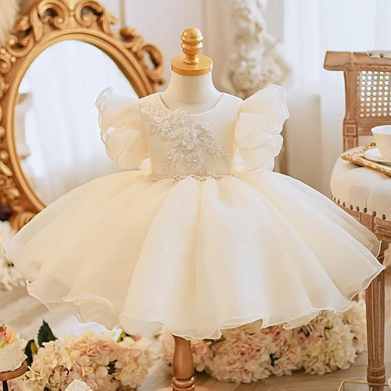 Kids Summer Dresses For Party Wedding Beaded flowers Children Pageant Gown Tulle Dress for Girls vestidos de fiesta de noche