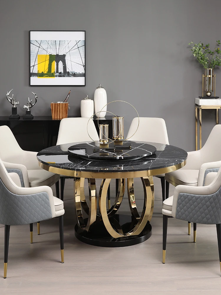 

Light luxury natural marble round dining table and chair combination post-modern simple turntable for home use